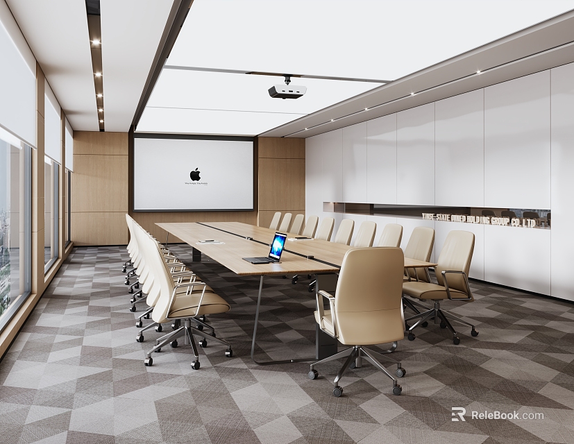 Modern Conference Room with Long Table Beige Chairs Projection Screen and Floor to Ceiling Windows 3d model 