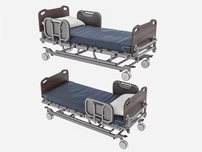 Medical Beds With Mobile Wheels Side Rails Blue Mattresses And Wooden Headboards 3d model