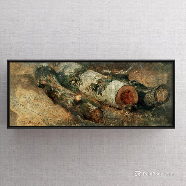 Artwork Featuring Logs With Moss And Branches In Black Frame On Light Wall 3d model