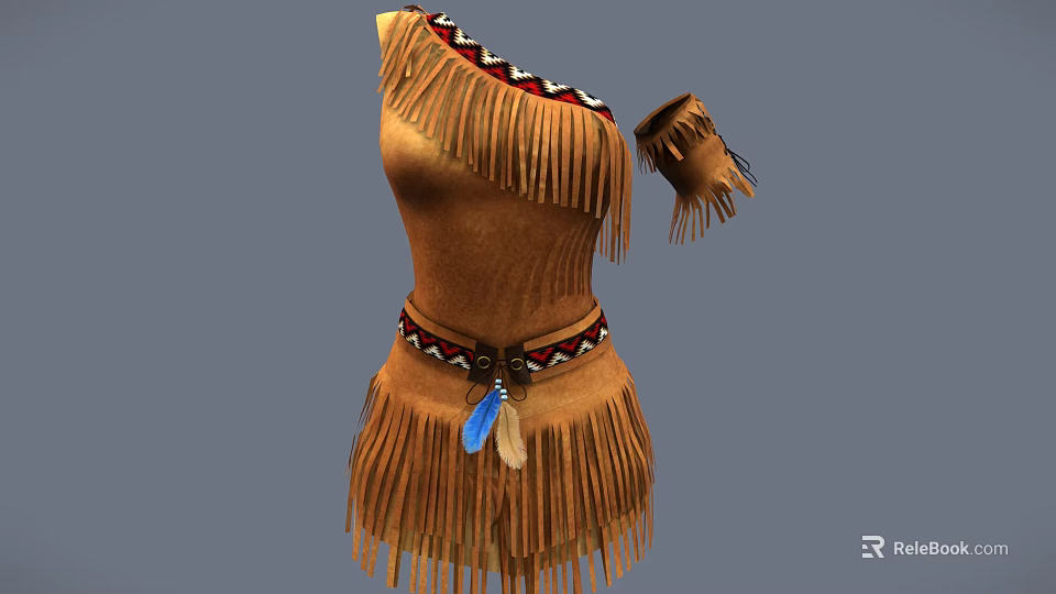 Traditional Brown One Shoulder Fringed Clothing With Arm Cuff Belt Colorful Patterns And Blue Feather 3d model 