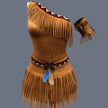 Traditional Brown One Shoulder Fringed Clothing With Arm Cuff Belt Colorful Patterns And Blue Feather