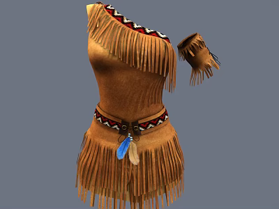 Traditional Brown One Shoulder Fringed Clothing With Arm Cuff Belt Colorful Patterns And Blue Feather 3d model