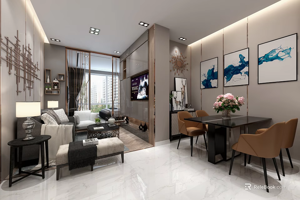 Modern Apartment With Living Room Dining Area Sofa Dining Table Chairs TV And Decorative Paintings 3d model 