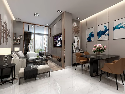 Modern Apartment With Living Room Dining Area Sofa Dining Table Chairs TV And Decorative Paintings 3d model