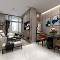 Modern Apartment With Living Room Dining Area Sofa Dining Table Chairs TV And Decorative Paintings