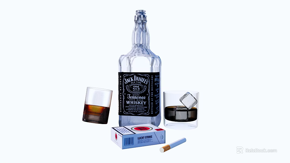 Jack Daniel's Tennessee Whiskey Bottle And Whiskey Glass With Ice Cubes L&M Cigarette Pack And Cigarette 3d model 