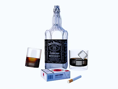 Jack Daniel's Tennessee Whiskey Bottle And Whiskey Glass With Ice Cubes L&M Cigarette Pack And Cigarette 3d model