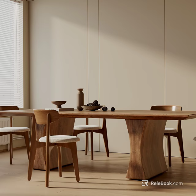 Minimalist Natural Dining Table Set With Wooden Light Cushioned Chairs Decorative Items And Natural Light 3d model 