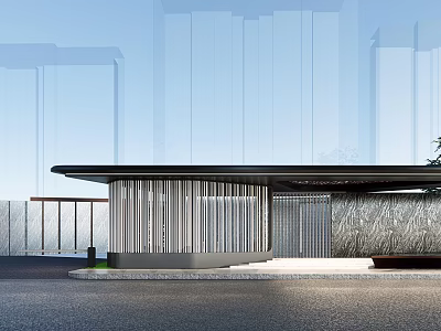 Modern Entrance Gate Design With Metal Slats Canopy And High Rise Background 3d model