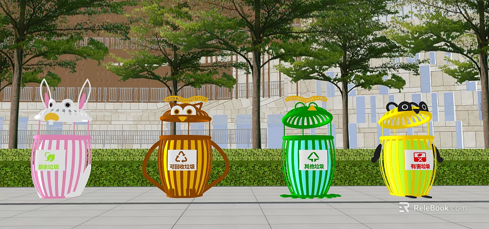 Colorful Cartoon Designed Recycling Bins As Public Facilities in Outdoor Area With Trees Background 3d model 
