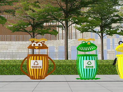 Colorful Cartoon Designed Recycling Bins As Public Facilities in Outdoor Area With Trees Background 3d model