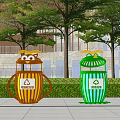 Colorful Cartoon Designed Recycling Bins As Public Facilities in Outdoor Area With Trees Background