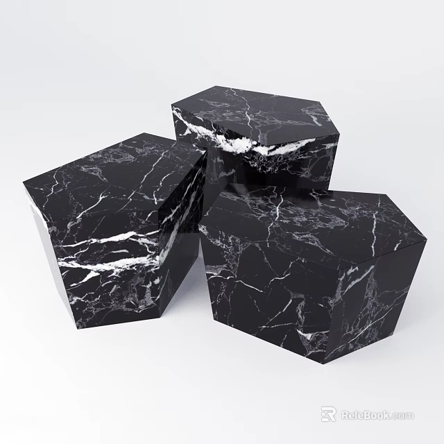 Stylish Three Polygonal Coffee Tables with Black Marble Texture and Geometric Design 3d model 