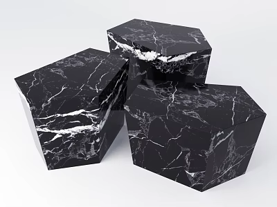 Stylish Three Polygonal Coffee Tables with Black Marble Texture and Geometric Design 3d model