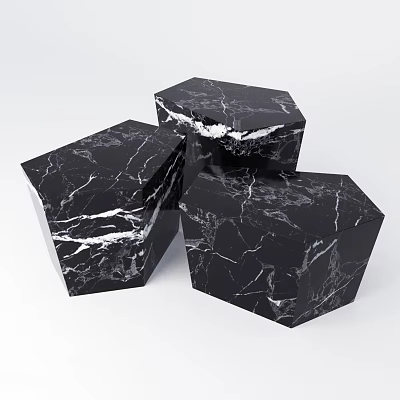 Stylish Three Polygonal Coffee Tables with Black Marble Texture and Geometric Design 3d model