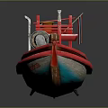 Red Water Transport Boat With Bucket Hose and Flag on Upper Deck
