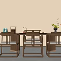 Modern Wooden Tea Table and Chairs with Tea Set Flower Vase and Decorations