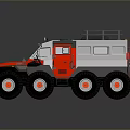 Rugged Six Wheel Off Road Vehicle in Gray and Red with Roof Rack