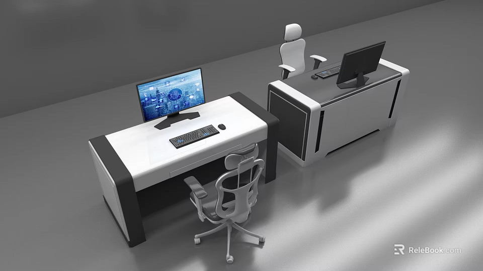 Modern Office Desks With Monitors Keyboards Mice And Ergonomic Chairs 3d model 