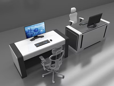 Modern Office Desks With Monitors Keyboards Mice And Ergonomic Chairs 3d model