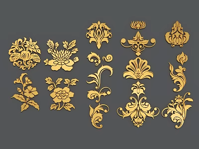 Golden Decorative Floral Carvings With Ornate Patterns And Curved Leaf Designs 3d model
