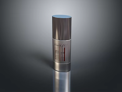 Silver Cylindrical Daily Use Bottle With Reflective Surface And Label On Dark Background 3d model