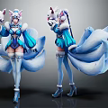 Elegant Fox Tailed Character Holding White Cat Like Doll In Blue White Outfit