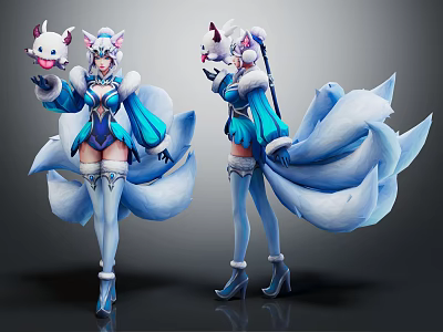 Elegant Fox Tailed Character Holding White Cat Like Doll In Blue White Outfit 3d model