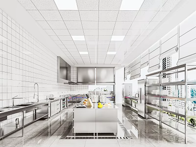 Commercial Restaurant Kitchen Interior With Stainless Steel Workstation Cabinets Refrigerator Tiled Walls And Lighting 3d model