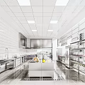 Commercial Restaurant Kitchen Interior With Stainless Steel Workstation Cabinets Refrigerator Tiled Walls And Lighting