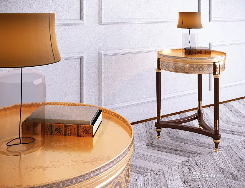 Round Side Tables With Golden Top Decorative Edges White Paneled Walls And Gray Patterned Carpet 3d model 