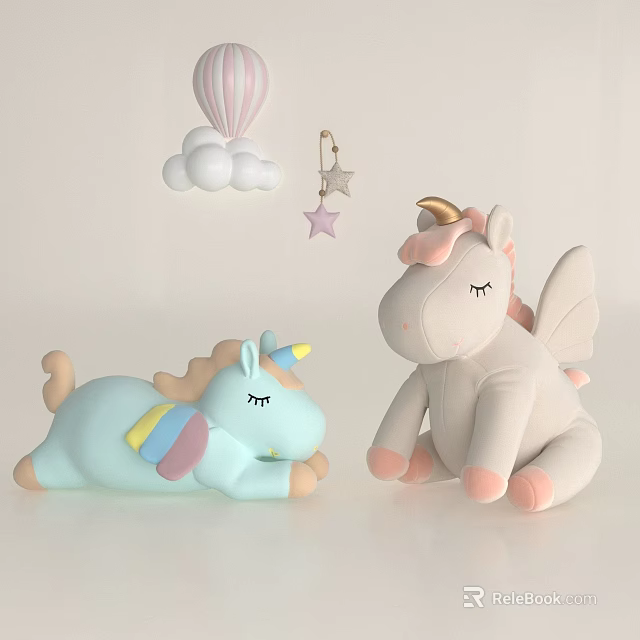 Cute Plush Unicorn Dolls In Blue And Pink With Wings Clouds And Stars 3d model 