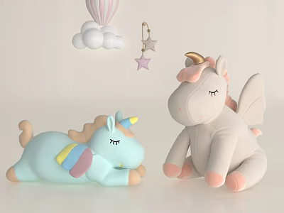 Cute Plush Unicorn Dolls In Blue And Pink With Wings Clouds And Stars 3d model