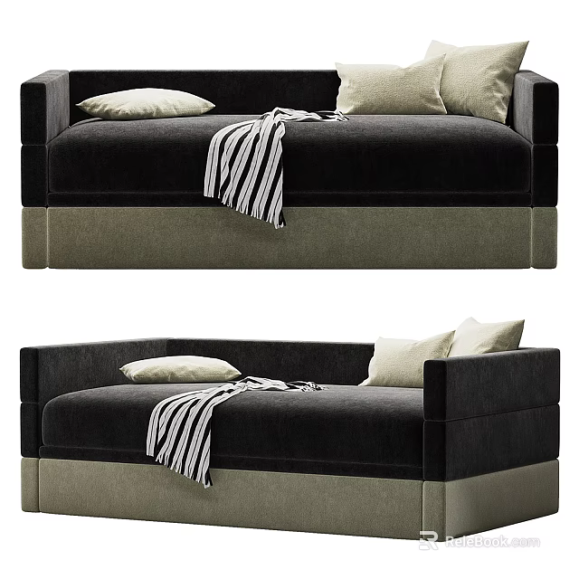 Stylish Black Sofa Bed With Modern Design Light Colored Pillows And Striped Blanket 3d model