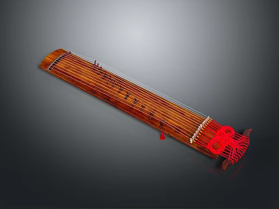 Traditional Chinese Wooden Guzheng Musical Instrument with Strings and Red Decorative Parts for Living Room 3d model