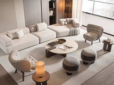 Modern Light Colored Sofa And Coffee Table Set With Accent Chairs Stools And Area Rug 3d model