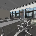 Modern Conference Room Interior With Long Table Chairs Large Windows City View And Green Plant