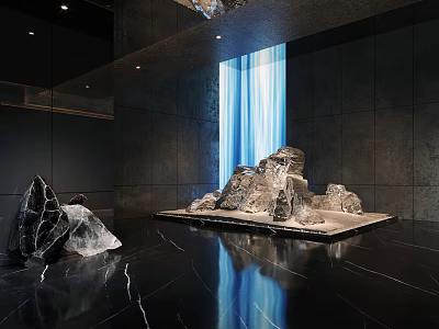 Contemporary Interior Space With Black Marble Floor Gray Walls Blue Curtains And Rock Sculptures 3d model
