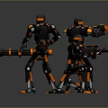 Three Black And Orange Robots With Mechanical Structure Holding Weapons Together