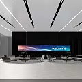 Modern Minimalist Office Front Reception Area With Stylish Linear Ceiling Lighting And Corporate Logo Wall