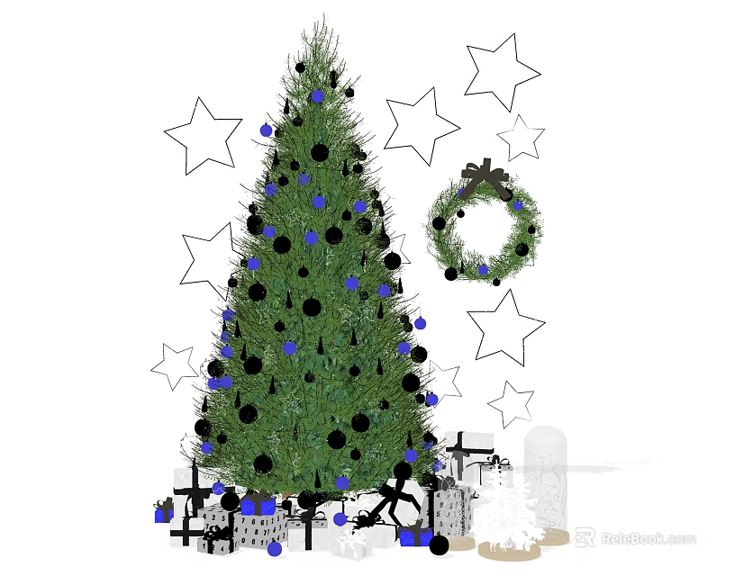 Evergreen Tree Decorated With Black Blue Ornaments White Stars And Wreath Near Small Buildings 3d model 