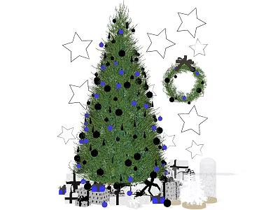Evergreen Tree Decorated With Black Blue Ornaments White Stars And Wreath Near Small Buildings 3d model