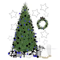 Evergreen Tree Decorated With Black Blue Ornaments White Stars And Wreath Near Small Buildings