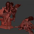 Women Interacting With Winged Haloed Angels And Children By Stone Pedestal Plant