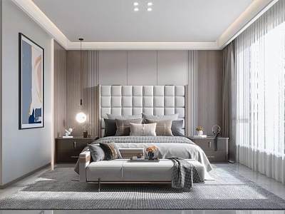 Modern Bedroom Interior Design With Upholstered Headboard Multiple Pillows Bed Bench Table Lamps And Wall Art 3d model