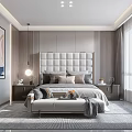 Modern Bedroom Interior Design With Upholstered Headboard Multiple Pillows Bed Bench Table Lamps And Wall Art