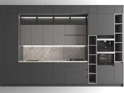 Modern Kitchen Furniture Interior With Grey Cabinets Marble Countertop Built In Appliances And Strip Lighting 3d model