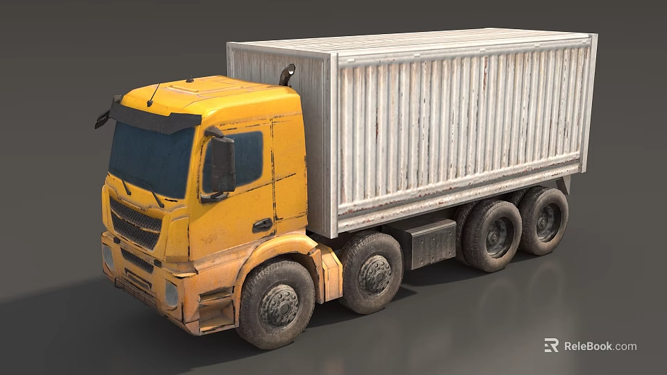 Yellow Cargo Truck With White Container Body And Multiple Wheels 3d model