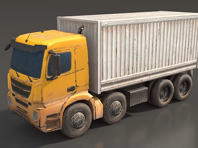 Yellow Cargo Truck With White Container Body And Multiple Wheels 3d model