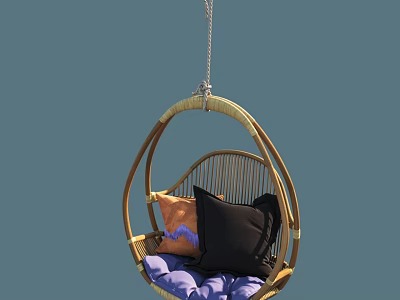 Cozy Rattan Hanging Chair With Round Design And Soft Purple Black Orange Cushions 3d model